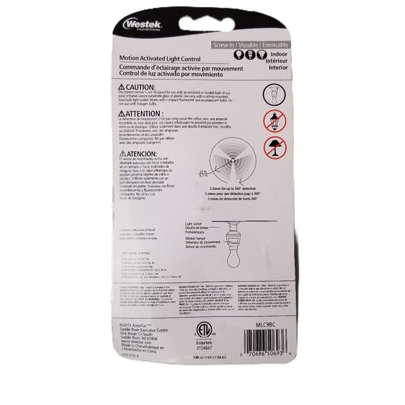 Westek Motion Activated LED Light Control Bulb Adapter Indoor Energy Saver - Picture 2 of 2